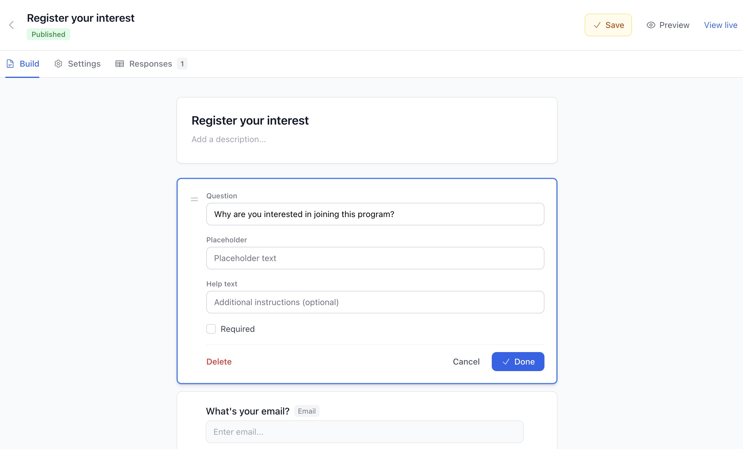 Screenshot of the Hovercode form builder showing a custom feedback form with drag-and-drop fields