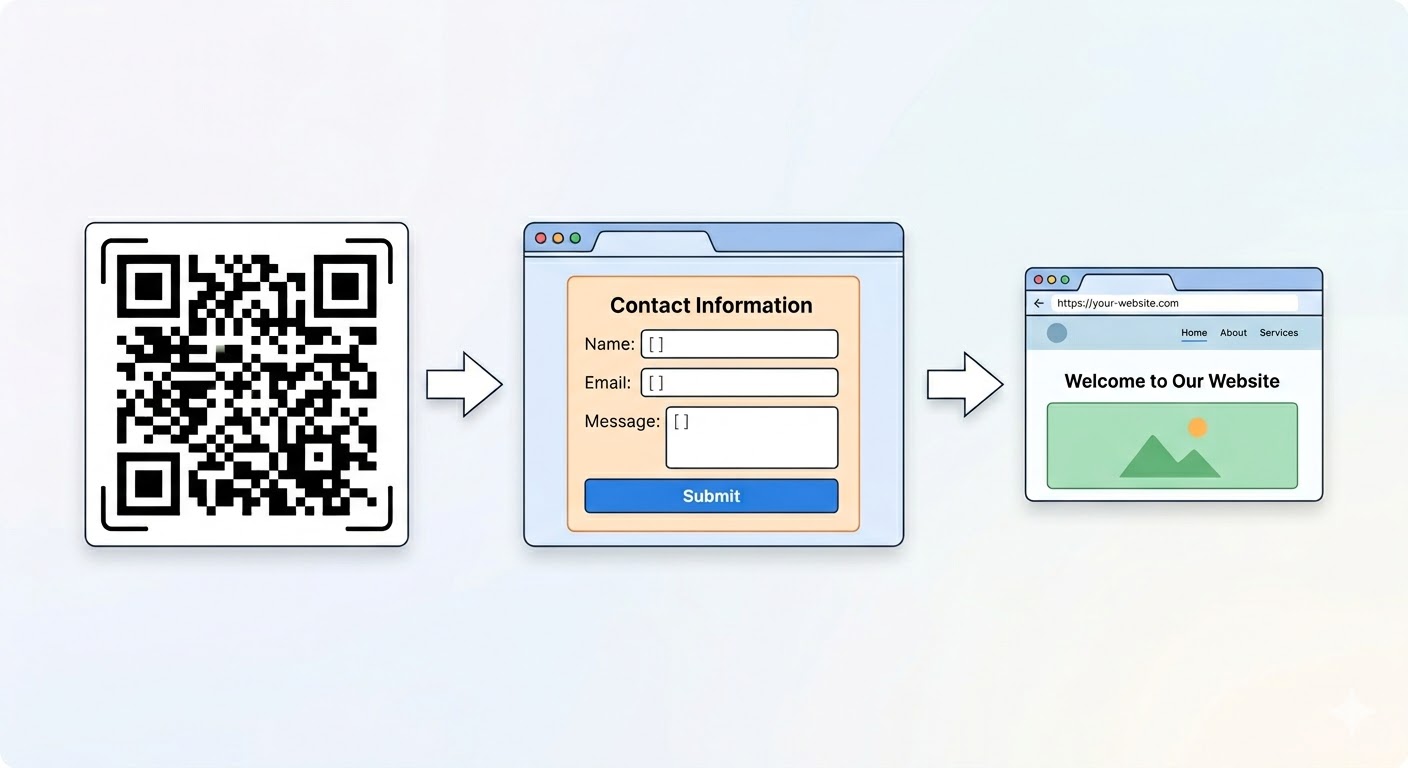 Illustration of a QR code leading to a form, then to a screen showing a website