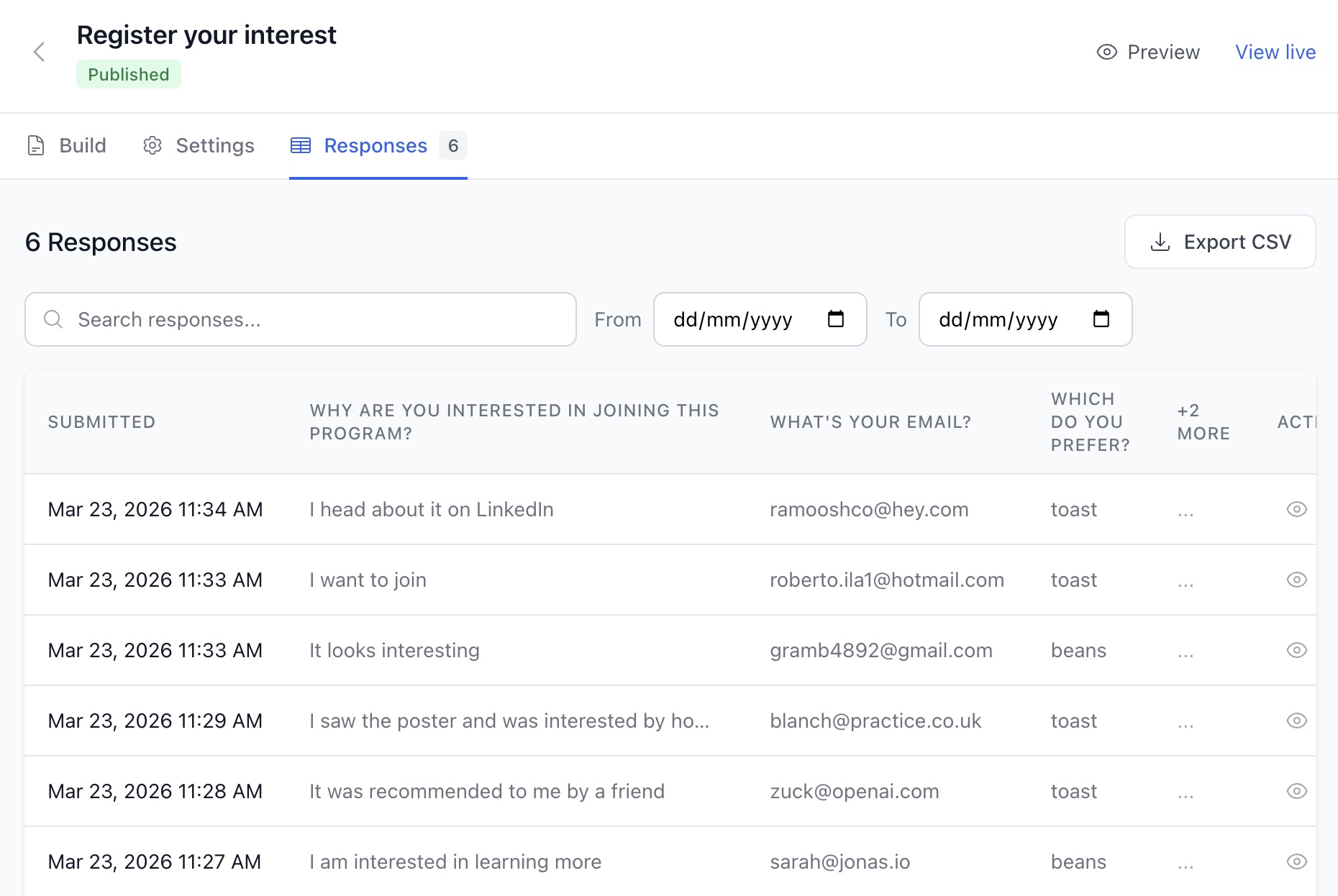Form responses dashboard showing collected submissions with search and date filtering