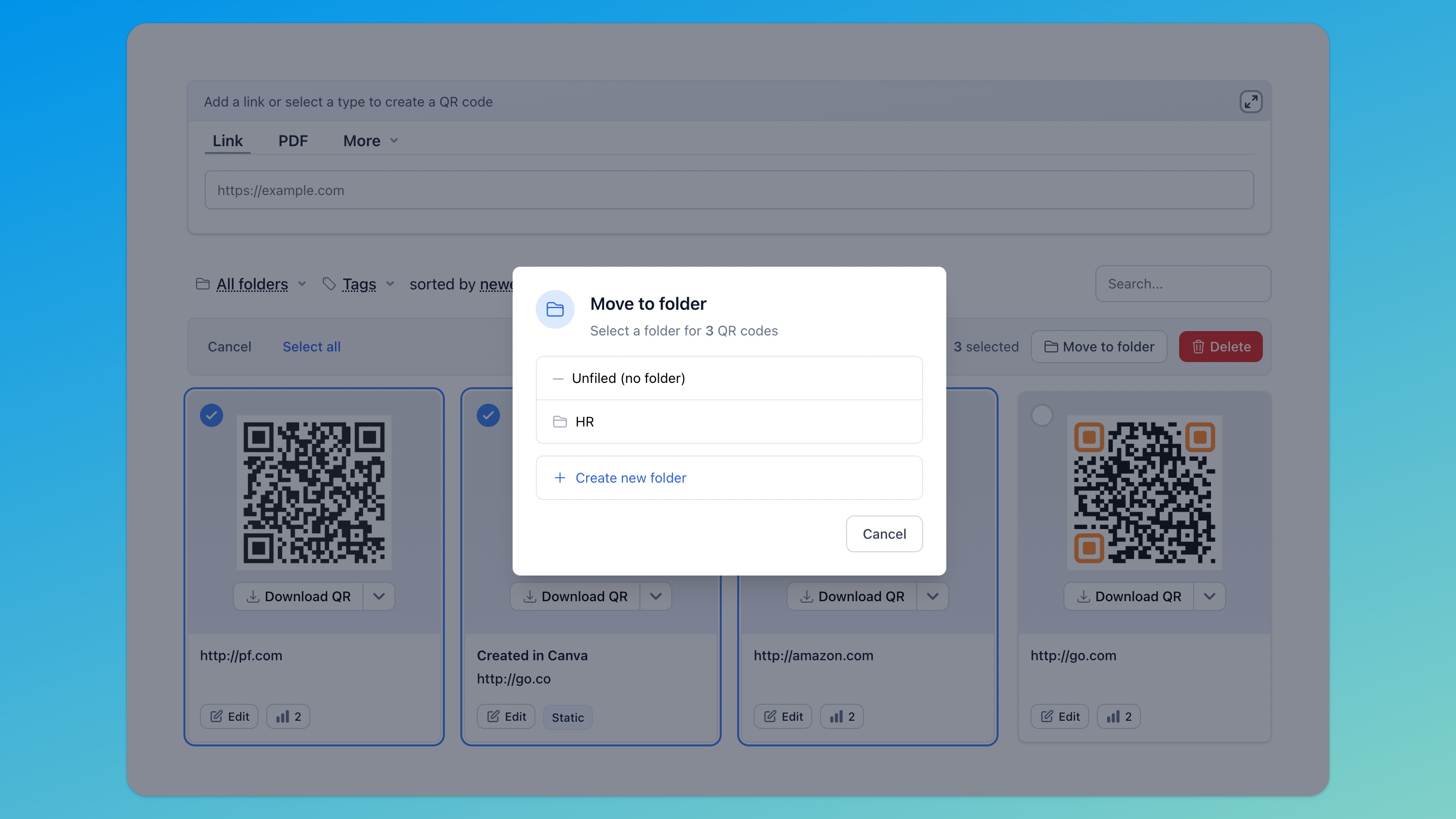 Screenshot of the Hovercode dashboard with QR codes organized into folders by campaign